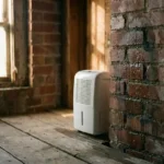 Witte luchtontvochtiger op verweerde houten vloer naast vochtige bakstenen muur met watervlekken en druppels