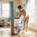 Huiseigenaar gebruikt moderne luchtontvochtiger in lichte woonkamer met zonneschijn door ramen op gepolijste houten vloer