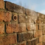 Bakstenen muur met vochtdruppels die verdampen, keramische ventilatie-elementen in voegen, gouden zonlicht creëert zachte schaduwen