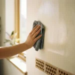 Persoon veegt behandelde binnenmuur schoon met microvezeldoek, CAREBRICK ventilatie-elementen zichtbaar in onderste wandgedeelte