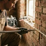 Technicus injecteert crèmekleurig materiaal in voegwerk van rode bakstenen muur met precisie-injectienaald