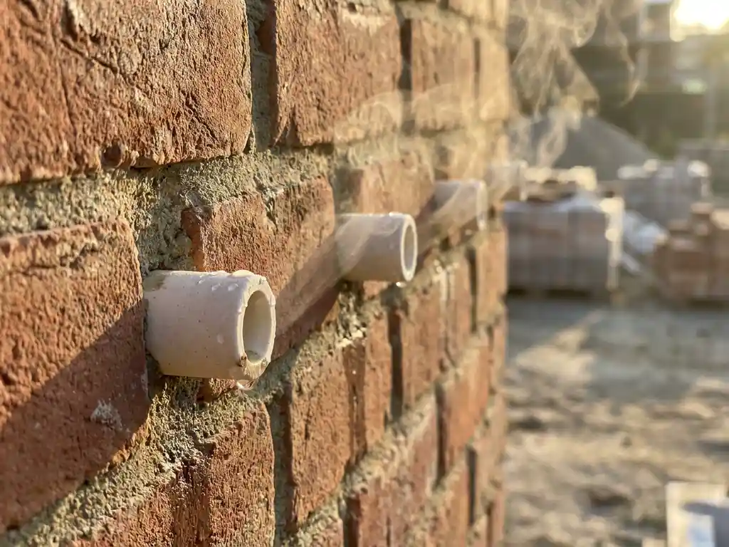 Doorsnede van bakstenen muur met witte keramische buizen, waterdamp stijgt op uit openingen in warm zonlicht