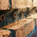 Doorsnede van bakstenen muur met vochtdruppels die verdampen, keramische ventilatiepijpjes in voegen, warme middaglicht