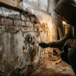Huiseigenaar schrapt zwarte schimmel van beschadigde bakstenen muur in vochtige kelder met geïmproviseerde gereedschap