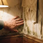 Huiseigenaar raakt beschadigde muur aan met donkere schimmelvlekken, afbladderende behang en waterschade