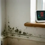 Waterdruppels condenseren op witte muur met donkere schimmelplekken langs plint, luchtkwaliteitsmeter toont zorgwekkende waarden