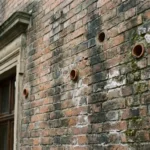 Verweerde historische bakstenen muur met vochtplekken, witte zoutuitslag en kleine keramische ventilatiepijpjes in voegen
