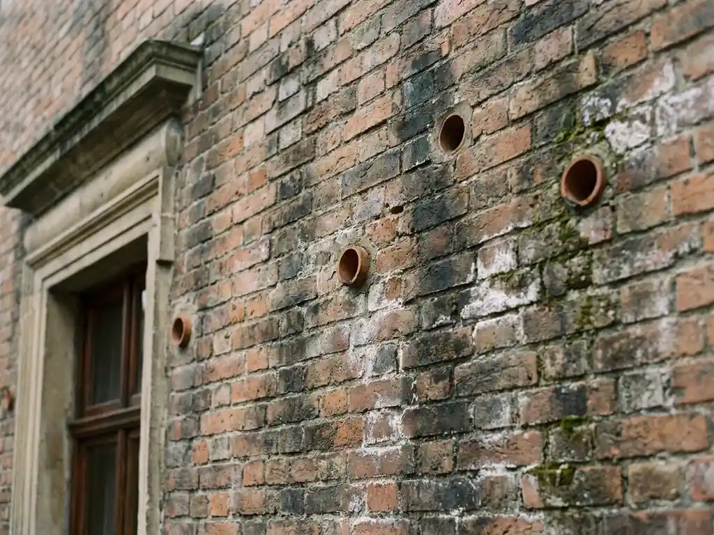Verweerde historische bakstenen muur met vochtplekken, witte zoutuitslag en kleine keramische ventilatiepijpjes in voegen