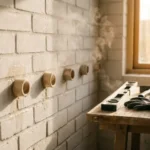 Witte bakstenen muur met keramische ventilatiebuizen en verdampend vocht, gereedschap op houten werkbank
