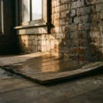 Kromgetrokken houten vloerplank met opkrullende randen en donkere watervlekken van vochtige bakstenen muur