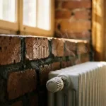Doorsnede van bakstenen muur met vochtdruppels, witte radiator met stoomwolkjes en warm gouden licht door raam