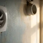 Vochtdruppels condenseren op binnenmuur terwijl witte ventilatieventilator draait, keramische ventilatiebuizen zichtbaar