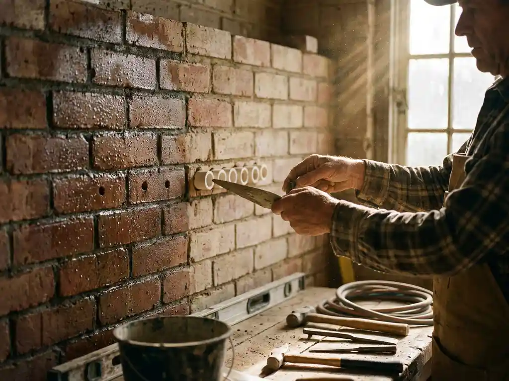 Vakman installeert witte keramische buizen in gedeeltelijk gerenoveerde bakstenen muur, gereedschap op werkbank
