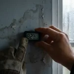 Digitale hygrometer meet vochtigheid tegen vochtige muur met watervlekken en afbladderende verf