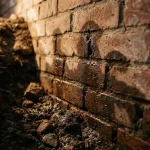 Doorsnede van bakstenen muurvoet met donkere vochtige grond en opstijgend vocht door metselwerk