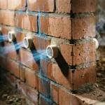 Doorsnede van bakstenen muur met vocht dat naar beneden wordt getrokken, witte keramische buizen die luchtstroom creëren