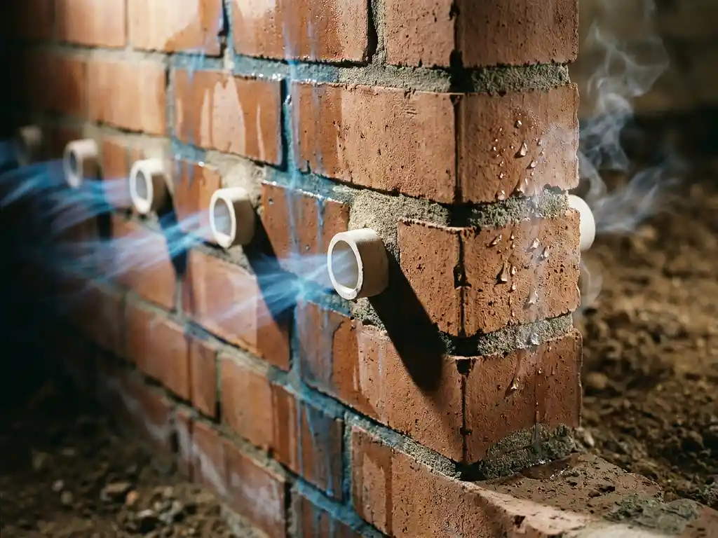 Doorsnede van bakstenen muur met vocht dat naar beneden wordt getrokken, witte keramische buizen die luchtstroom creëren