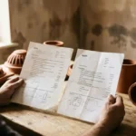 Contractorshanden houden twee gedetailleerde papieren offertes vast op houten keukentafel, vochtige muur op achtergrond