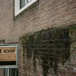 Nederlandse bakstenen muur met donkere vochtschade onderaan, droge stenen erboven, "Te Koop" bord zichtbaar
