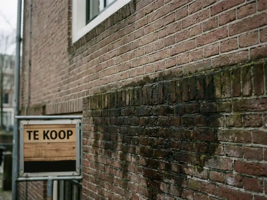 Nederlandse bakstenen muur met donkere vochtschade onderaan, droge stenen erboven, 