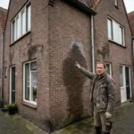 Bezorgde huiseigenaar wijst naar donkere vochtplekken op gedeelde bakstenen muur tussen twee identieke rijtjeshuizen