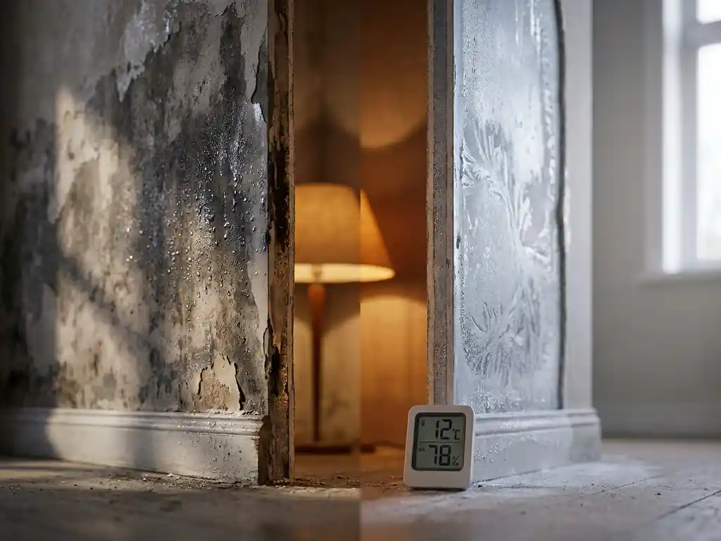 Doorsnede van binnenmuur met watervlekken en vochtdruppels naast condensatie en rijppatronen, digitale thermometer en vochtmeter aan de basis