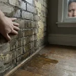 Hand raakt vochtige bakstenen muur aan met watervlekken, afbladderende verf en plassen water aan de voet