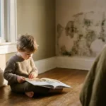 Kind leest boek in zonnige slaapkamer met vochtplekken en schimmel zichtbaar op achtermuur