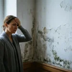 Bezorgde vrouw raakt voorhoofd aan naast muur met donkere vochtplekken en schimmel bij de plint