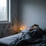 Persoon ligt onrustig in bed naast vochtige muur met donkere vochtplekken en condensatie op raam