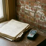 Stapel overheidssubsidiedocumenten en aanvraagformulieren op houten bureau naast vochtmeter, met vochtige bakstenen muur op achtergrond