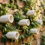 Witte keramische CAREBRICK buizen in verweerde bakstenen muur met mos en planten, ochtendauw en gouden zonlicht