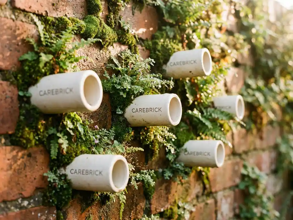Witte keramische CAREBRICK buizen in verweerde bakstenen muur met mos en planten, ochtendauw en gouden zonlicht