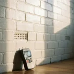 Witte bakstenen muur met vochtmeter die optimale waarden toont, keramische ventilatie-elementen tussen voegen zichtbaar