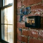 Vochtige bakstenen muur met witte zoutafzettingen en digitale thermostaat die hoge energiekosten toont