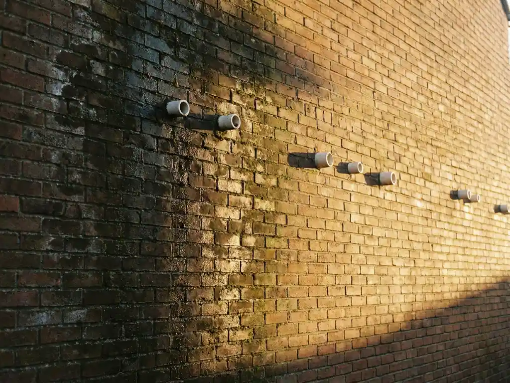 Verweerde bakstenen muur met donkere vochtplekken die overgaan naar droge stenen, witte keramische ventilatiebuizen geïnstalleerd