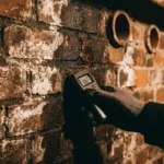 Professionele vochtmeter tegen vochtige keldermuur met witte zoutafzettingen en ventilatieslangen op achtergrond