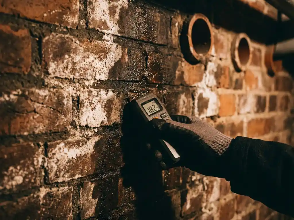 Professionele vochtmeter tegen vochtige keldermuur met witte zoutafzettingen en ventilatieslangen op achtergrond