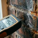 Professionele vochtmeter met digitaal display tegen vochtige bakstenen muur met watervlekken en verkleuring