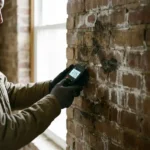 Vochtexpert meet met digitale vochtmeter tegen beschadigde bakstenen muur met watervlekken en verkleuring