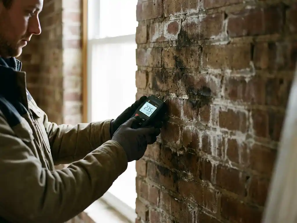 Vochtexpert meet met digitale vochtmeter tegen beschadigde bakstenen muur met watervlekken en verkleuring