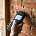 Professionele vochtmeter toont droge waarden tegen bakstenen muur met witte CAREBRICK buizen op de achtergrond