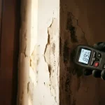 Vochtmeter meet hoge luchtvochtigheid tegen beschadigde muur met donkere vlekken en afbladderende verf