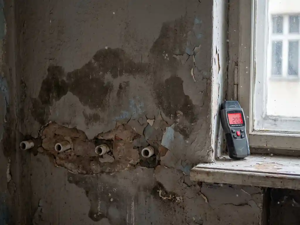 Vochtige appartementmuur met donkere vlekken, afbladderende verf en professionele vochtmeter op vensterbank