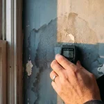 Hand houdt vochtmeter tegen beschadigde muur met watervlekken en afbladderende verf