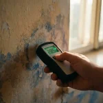 Professionele vochtmeter meet waterschade op muur met afbladderende verf en vlekken