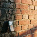 Bakstenen muur met vochtige donkere vlekken links en droge rode bakstenen rechts, vochtmeter tegen de muur