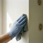Gehandschoende hand veegt vochtplekken weg van witte muurhoek met microvezeldoek, ventilatieroosters zichtbaar