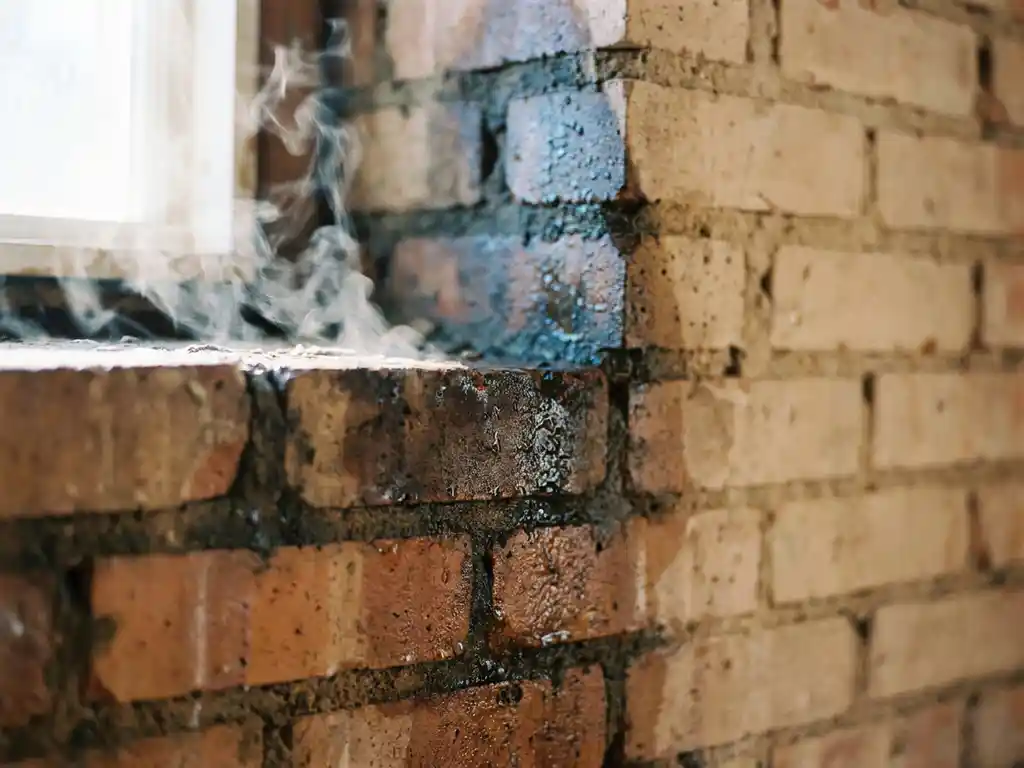 Bakstenen muur in doorsnede met vochtdruppels en donkere vlekken die overgaan naar droge gebieden, zonlicht creëert verdampingsnevel