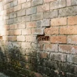 Verweerde bakstenen muur met vochtige donkere vlekken onderaan en droge lichtere stenen bovenaan, ventilatie-elementen zichtbaar